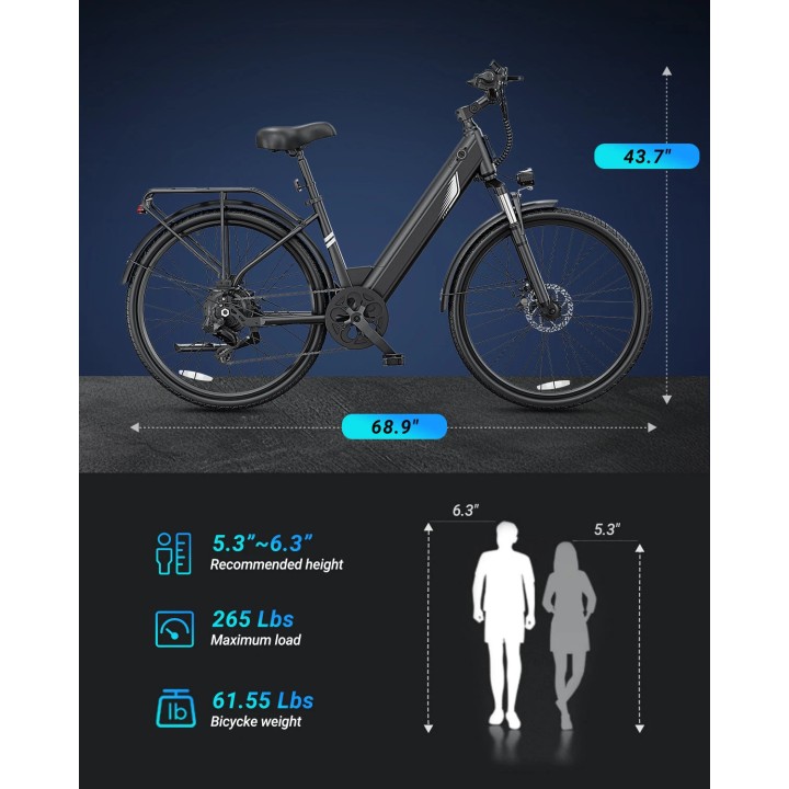 Bicicleta eléctrica urbana 26" con suspensión y portaequipajes – DYU C7 Lite – 7