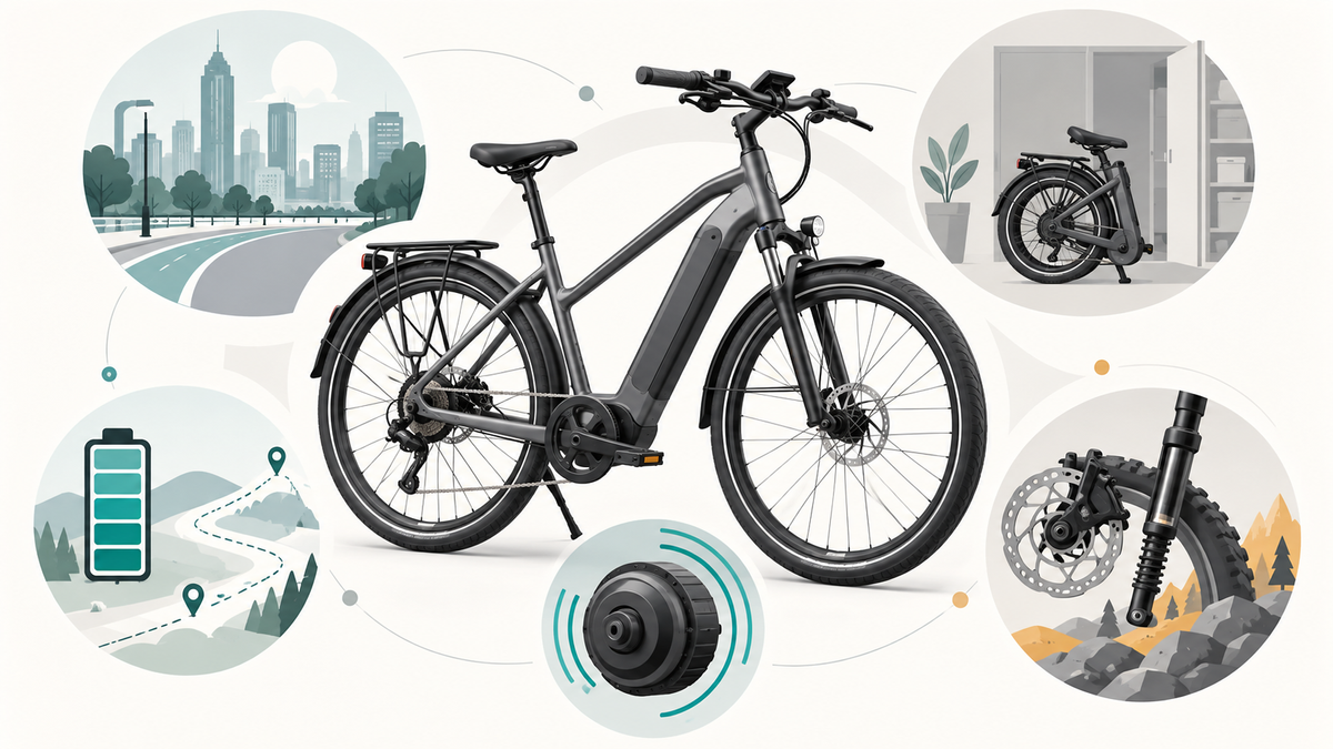 Bicicleta eléctrica rodeada de referencias visuales a ciudad, plegado, autonomía, motor, frenos y suspensión